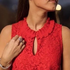J. Crew Red Lace Ruffle Neck Top Blouse keyhole